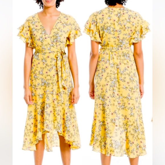 MAX STUDIO 💛YELLOW💛 FLORAL RUFFLE WRAP HIGH LOW MIDI SHORT SLEEVE DRESS🌟NWT🌟 - Picture 1 of 14